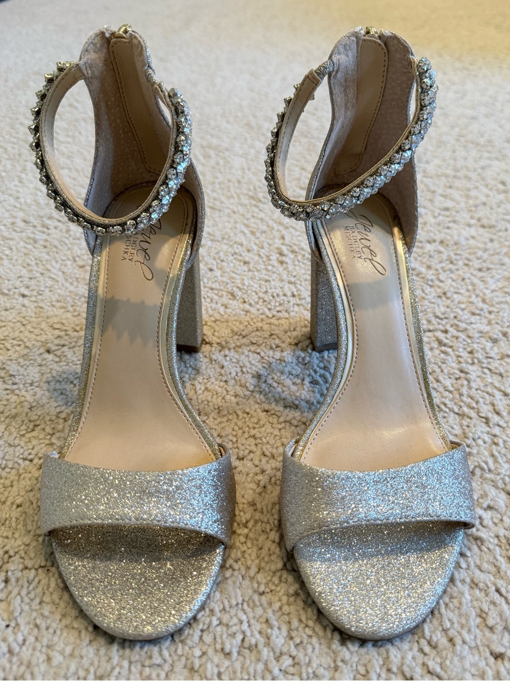 Badgley Mischka Embellished Silver Glitter Block Heel Sandals - Women